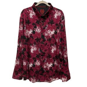 Au Noir Men's Floral Print  Button Up Shirt Size 3XL Burgundy‎ Long Sleeve Knit